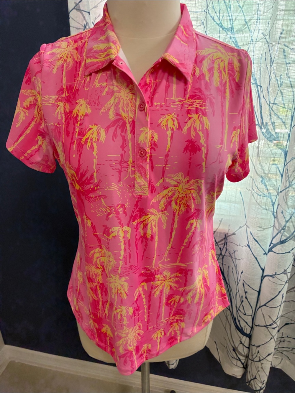 Birdiebound Pink Palm-Print Polo Golf Top